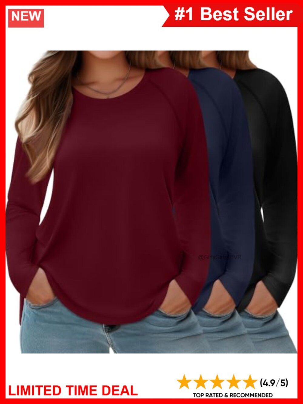Plus Size Long Sleeve Crew Neck Tees 3 Pack Raglan Sleeve Curved Hem Side Split